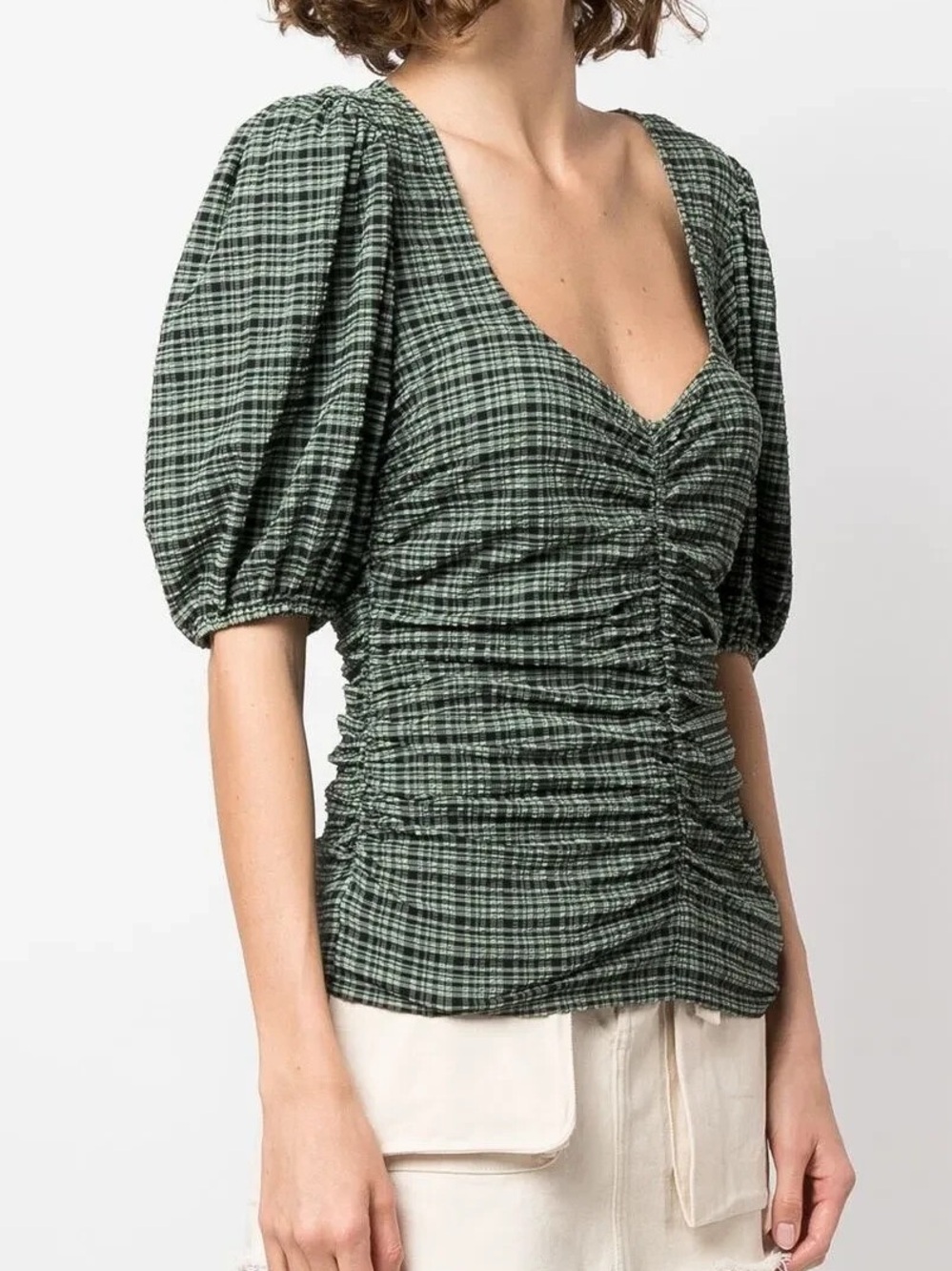 GANNI Plaid Seersucker Ruched Blouse
